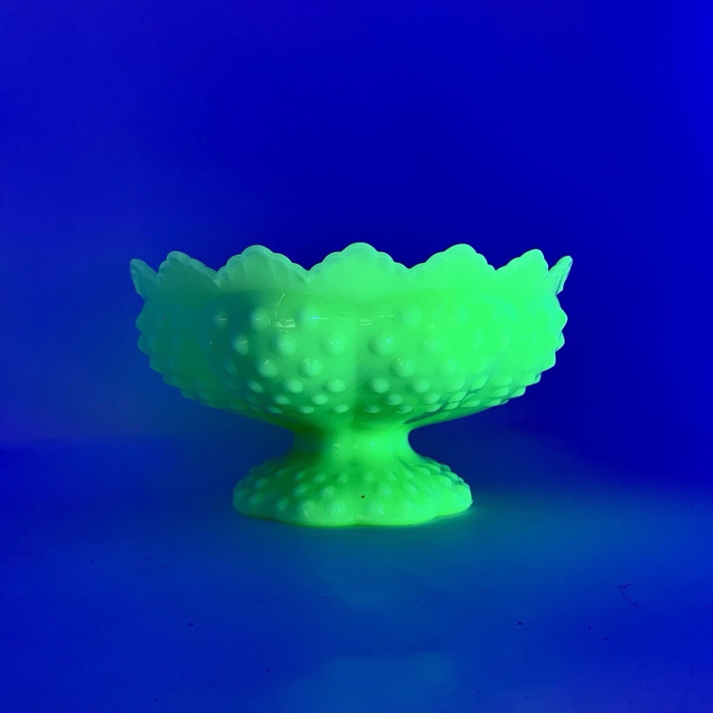 Vintage Fenton Key Lime Hobnail Glass Pedestal Candle Glows in UV Light Jadeite